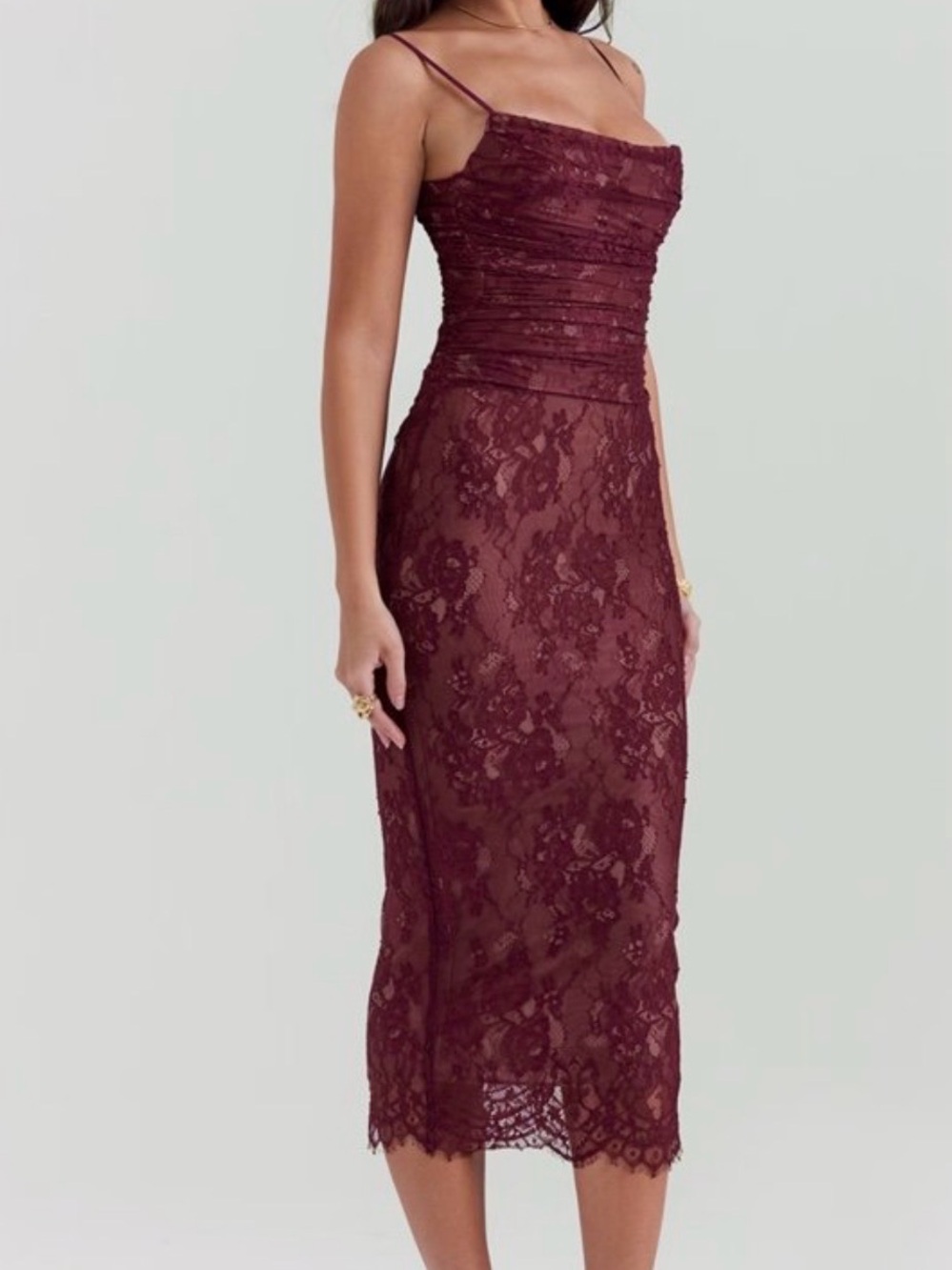 House of CB Wine Lace Ruched Midi Dress